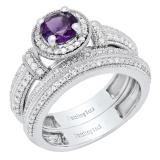 14K White Gold 6 MM Round Amethyst & White Diamond Ladies Engagement Bridal Band Ring Set