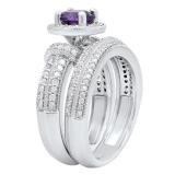 14K White Gold 6 MM Round Amethyst & White Diamond Ladies Engagement Bridal Band Ring Set