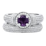 14K White Gold 6 MM Round Amethyst & White Diamond Ladies Engagement Bridal Band Ring Set