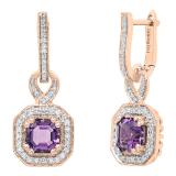 10K Rose Gold 6.5 MM Asscher Amethyst & Round White Diamond Ladies Halo Dangling Drop Earrings