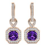 10K Rose Gold 6.5 MM Asscher Amethyst & Round White Diamond Ladies Halo Dangling Drop Earrings