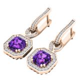 10K Rose Gold 6.5 MM Asscher Amethyst & Round White Diamond Ladies Halo Dangling Drop Earrings