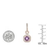 10K Rose Gold 6.5 MM Asscher Amethyst & Round White Diamond Ladies Halo Dangling Drop Earrings