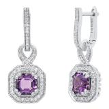 10K White Gold 6.5 MM Asscher Amethyst & Round White Diamond Ladies Halo Dangling Drop Earrings