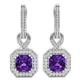 10K White Gold 6.5 MM Asscher Amethyst & Round White Diamond Ladies Halo Dangling Drop Earrings