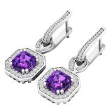 10K White Gold 6.5 MM Asscher Amethyst & Round White Diamond Ladies Halo Dangling Drop Earrings