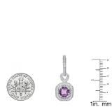 10K White Gold 6.5 MM Asscher Amethyst & Round White Diamond Ladies Halo Dangling Drop Earrings