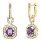 10K Yellow Gold 6.5 MM Asscher Amethyst & Round White Diamond Ladies Halo Dangling Drop Earrings