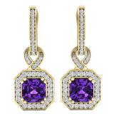 10K Yellow Gold 6.5 MM Asscher Amethyst & Round White Diamond Ladies Halo Dangling Drop Earrings