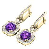 10K Yellow Gold 6.5 MM Asscher Amethyst & Round White Diamond Ladies Halo Dangling Drop Earrings