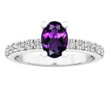 18K White Gold 7X5 MM Oval Amethyst & Round White Diamond Ladies Bridal Engagement Ring