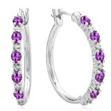 Sterling Silver Round Amethyst & White Diamond Ladies Fine Hoop Earrings