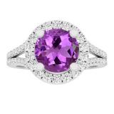 10K White Gold Round Amethyst & White Diamond Ladies Split Shank Halo Engagement Ring