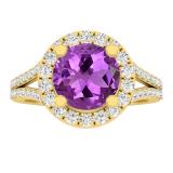 14K Yellow Gold Round Amethyst & White Diamond Ladies Split Shank Halo Engagement Ring