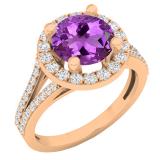 18K Rose Gold Round Amethyst & White Diamond Ladies Split Shank Halo Engagement Ring