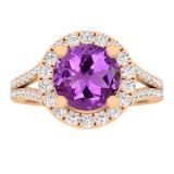 18K Rose Gold Round Amethyst & White Diamond Ladies Split Shank Halo Engagement Ring