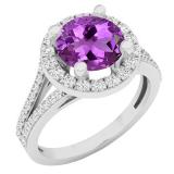 18K White Gold Round Amethyst & White Diamond Ladies Split Shank Halo Engagement Ring