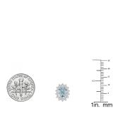 Sterling Silver Each 7X5 MM Oval Aquamarine & Round White Sapphire Ladies Halo Style Stud Earrings