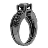 3.20 Carat (ctw) Black Rhodium Plated Sterling Silver Round Black Diamond Ladies Engagement Ring Set