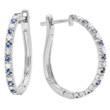 10K White Gold Round Blue Sapphire & White Diamond Ladies Huggies Hoop Earrings