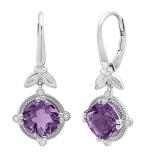 14K White Gold 8 MM Cushion Amethyst & Round White Diamond Ladies Leaf Drop Earrings
