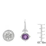 14K White Gold 8 MM Cushion Amethyst & Round White Diamond Ladies Leaf Drop Earrings