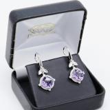 14K White Gold 8 MM Cushion Amethyst & Round White Diamond Ladies Leaf Drop Earrings