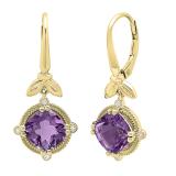 14K Yellow Gold 8 MM Cushion Amethyst & Round White Diamond Ladies Leaf Drop Earrings