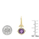 14K Yellow Gold 8 MM Cushion Amethyst & Round White Diamond Ladies Leaf Drop Earrings