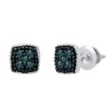 0.10 Carat (ctw) Sterling Silver Round Blue Diamond Ladies Cushion Shape Stud Earrings 1/10 CT