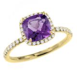 10K Yellow Gold 6.5 MM Cushion Amethyst & Round White Diamond Ladies Bridal Halo Engagement Ring
