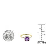 10K Yellow Gold 6.5 MM Cushion Amethyst & Round White Diamond Ladies Bridal Halo Engagement Ring