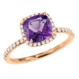 18K Rose Gold 6.5 MM Cushion Amethyst & Round White Diamond Ladies Bridal Halo Engagement Ring