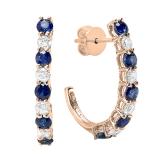14K Rose Gold Round White Diamonds & Blue Sapphire Ladies J Shaped Hoop Earrings