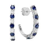 14K White Gold Round White Diamonds & Blue Sapphire Ladies J Shaped Hoop Earrings