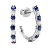14K White Gold Round White Diamonds & Blue Sapphire Ladies J Shaped Hoop Earrings
