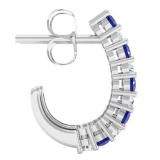 14K White Gold Round White Diamonds & Blue Sapphire Ladies J Shaped Hoop Earrings