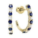 14K Yellow Gold Round White Diamonds & Blue Sapphire Ladies J Shaped Hoop Earrings