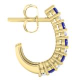 14K Yellow Gold Round White Diamonds & Blue Sapphire Ladies J Shaped Hoop Earrings