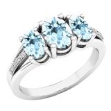 Sterling Silver Oval Aquamarine & Round Diamond Ladies 3 Stone Engagement Ring