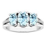 Sterling Silver Oval Aquamarine & Round Diamond Ladies 3 Stone Engagement Ring