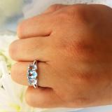 Sterling Silver Oval Aquamarine & Round Diamond Ladies 3 Stone Engagement Ring