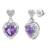 Sterling Silver 6X6 MM Each Heart Amethyst & Round Diamond Ladies Drop Earrings