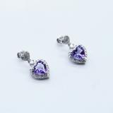 Sterling Silver 6X6 MM Each Heart Amethyst & Round Diamond Ladies Drop Earrings