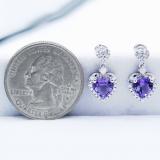 Sterling Silver 6X6 MM Each Heart Amethyst & Round Diamond Ladies Drop Earrings