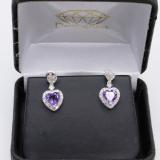 Sterling Silver 6X6 MM Each Heart Amethyst & Round Diamond Ladies Drop Earrings