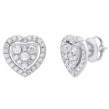 0.70 Carat (ctw) 14K White Gold Round White Diamond Ladies Heart Shaped Stud Earrings 3/4 CT
