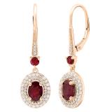 10K Rose Gold 7X5 MM Oval Ruby & Round Diamond Ladies Drop Earrings