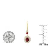 18K Yellow Gold 7X5 MM Oval Ruby & Round Diamond Ladies Drop Earrings