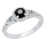14K White Gold 5 MM Round Black Diamond Pear White Sapphire & Round Diamond Ladies 3 Stone Ring
